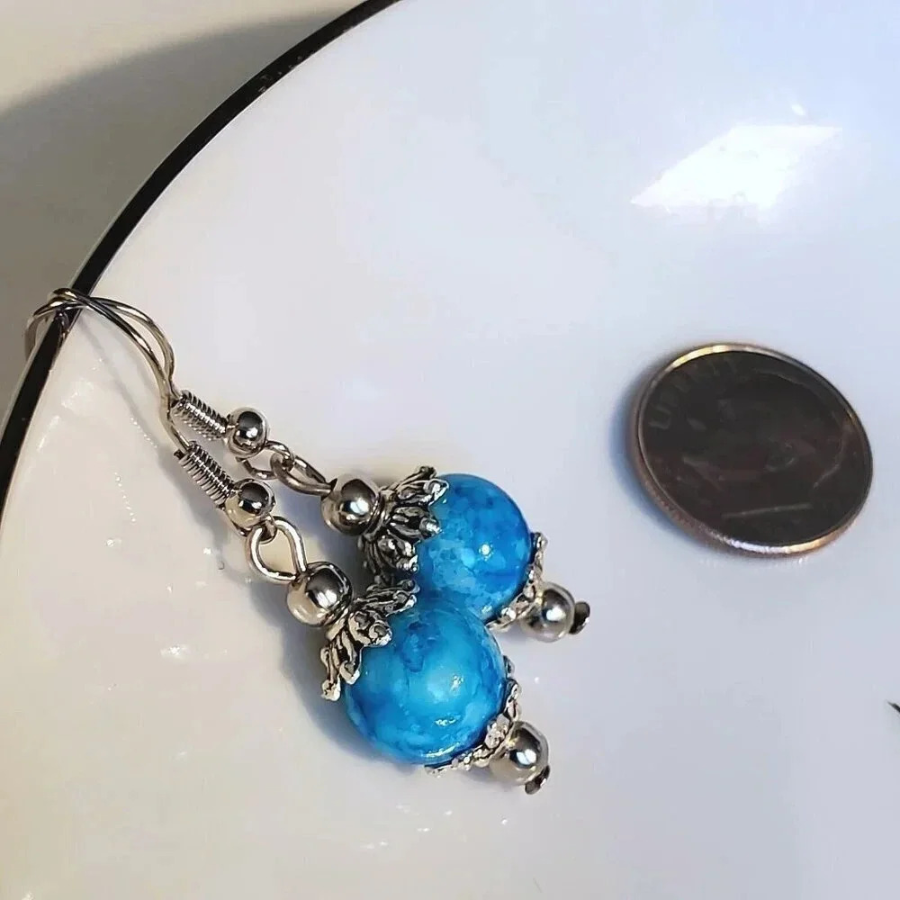 Art Nouveau Mottled Turquoise Blue Glass Beads Antiqued Silver Earrings - Picture 7 of 7